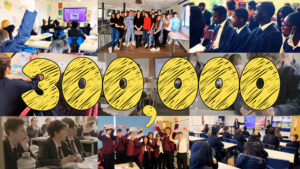 Collage of images from The Money Charity Financial Education Money Workshops, with the number 300,000 written in the middle to show how many young people these sessions have reached.