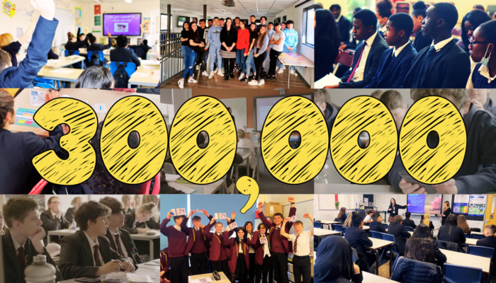 Collage of images from The Money Charity Financial Education Money Workshops, with the number 300,000 written in the middle to show how many young people these sessions have reached.