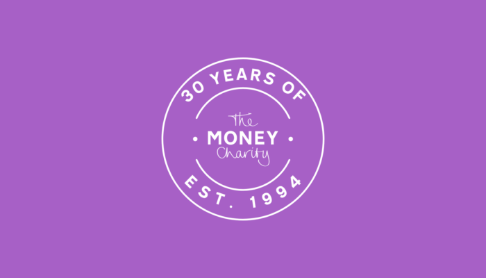 30th Birthday Logo for The Money Charity on purple background.