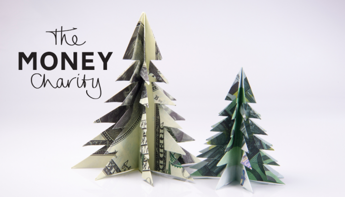 Two Christmas trees made of folded money